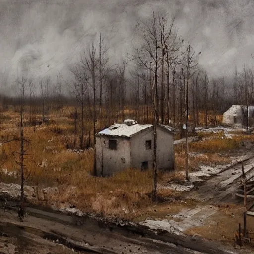 Image similar to painting of a abandoned post soviet town by jakub rozalski