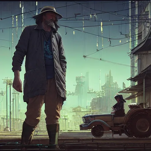 Prompt: A solarpunk very detailed farmer on the street of a very detailed solarpunk city art by Greg Rutkowski, neofuturistic highly detailed, digital art, smooth cyan gold light, sharp focus, Golden Ratio illustration, realistic concept art by Stephen Hickman and James Gurney and Hiromasa Ogura Ghost in the Shell rendered in Octane Render