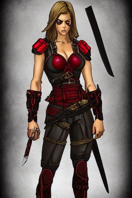 Image similar to realistic character portrait : female warrior, 2 7 years old. her face resembles jaimie alexander. her hair is short, straight, and raven black. she is fair - complected but tan. she is tall and gracile, except for her thick muscular arms and her ample bust. she wears sleeveless red & black practical leather armor with golden highlights that leaves only her muscular arms exposed.