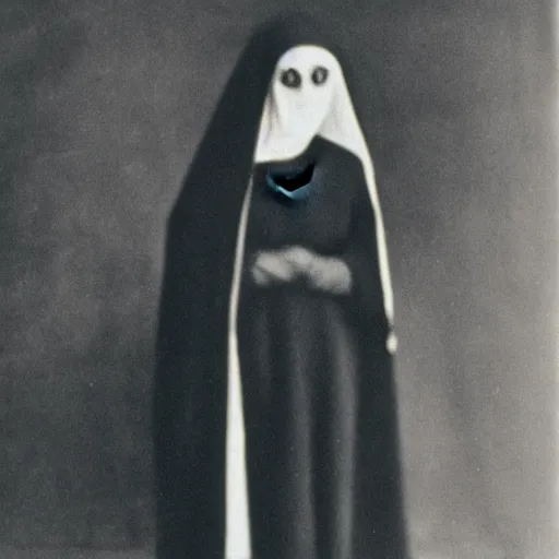 Image similar to antique photograph of a ghost of an evil catholic nun, blurry, transparent, glowing, real photo,