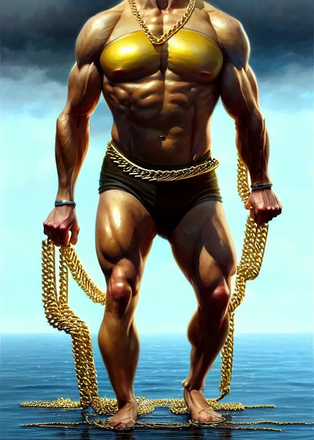 Image similar to super muscular joe biden wearing cycling shorts and gold chains walking on water, elegant, real life skin, intricate, high detailed, artstation, concept art, smooth, sharp focus, art by artgerm and greg rutkowski