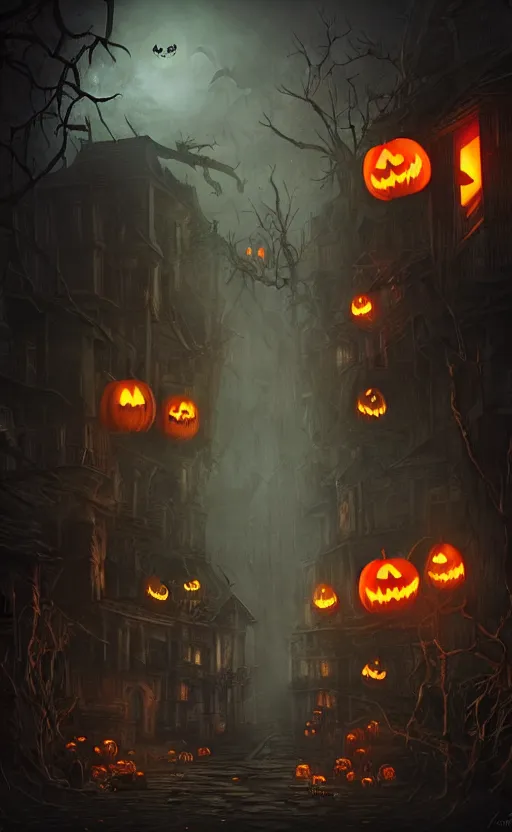 Image similar to a creepy and eery Halloween setting, with Jack o lanterns on the street and shadow figures lurking about, dynamic lighting, photorealistic fantasy concept art, stunning visuals, creative, cinematic, ultra detailed, trending on art station, spooky vibe