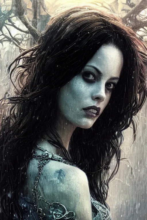 Prompt: close up portrait of kaya scodelario as death of the endless, the sandman, grey clothes, in persian temple wet night, sci - fi and fantasy, intricate and very very beautiful and elegant, highly detailed, digital painting, artstation, concept art, smooth and sharp focus, illustration, art by tian zi and wlop and alphonse mucha