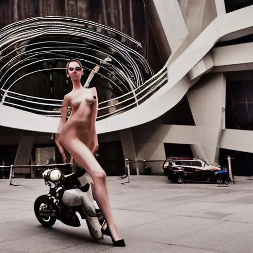 Prompt: a beautiful cinematic lit scene in the guggenheim museum of a white armless marble statue of a woman, with a motorcycle in background with motocross colors and corporate logos in the style of virgil abloh, matthew williams, offwhite, givenchy