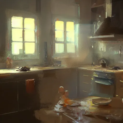 Prompt: a messy kitchen interior painting by craig mullins, octane rendering, warm moody lighting, wide angle lens, low view, in the style of pixar animation, trending on artstation