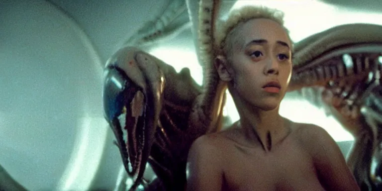 Image similar to film still of doja cat in Alien, xenomorph holding onto her tight, full-shot, 4k