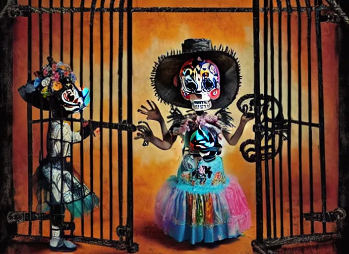 Image similar to a child wearing dia de los muertos costume in a cage, behind bars, whispers secrets to her alejbrie animal spirit. sharpe matte painting, lowbrow, pop surrealism art, neo expressionism, nouveau realisme decollage, contemporary art illustration, oaxacan alebrijes, photography by steven curry