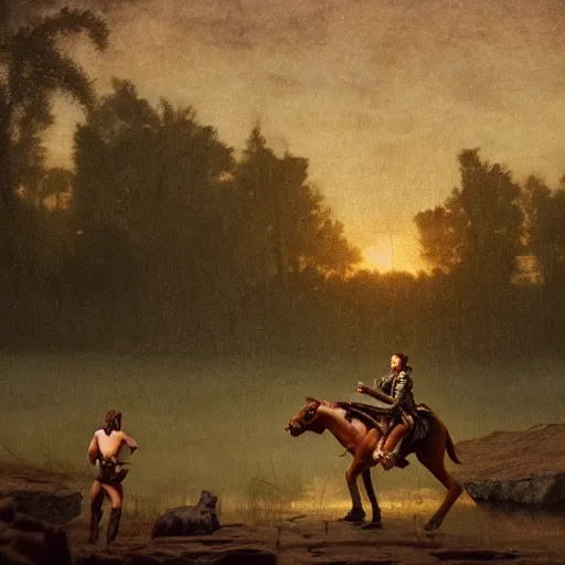 Prompt: large diorama, young man in leather tunic and loincloth, hopelessly pulling his horse from the mud of the swamp of sadness. Swampy, in the style of hudson river school, dark, volumetric lighting, crepuscule, octane render