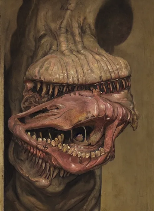 Prompt: a teratoma with crooked mouth and teeth on a plinth in the middle of amuseum room full of people watching in horror painted by hopper and giger