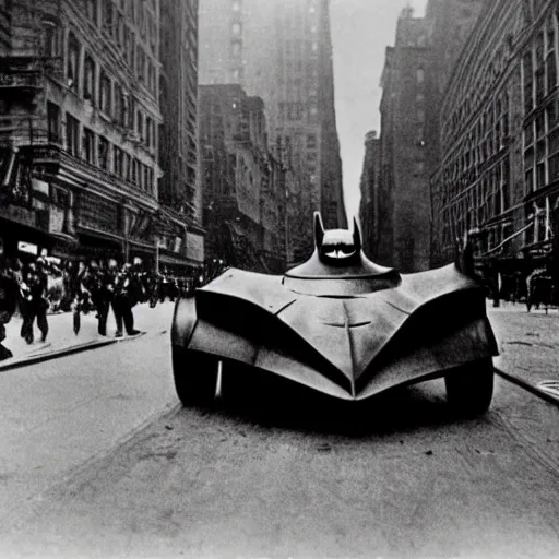 Prompt: old black and white photo, 1 9 1 3, depicting batmobile from dark knight rampaging through the bustling streets of new york city, historical record
