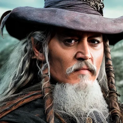 Image similar to Johnny Depp as Gandalf in the movie Lord of the Rings 8k hdr movie still