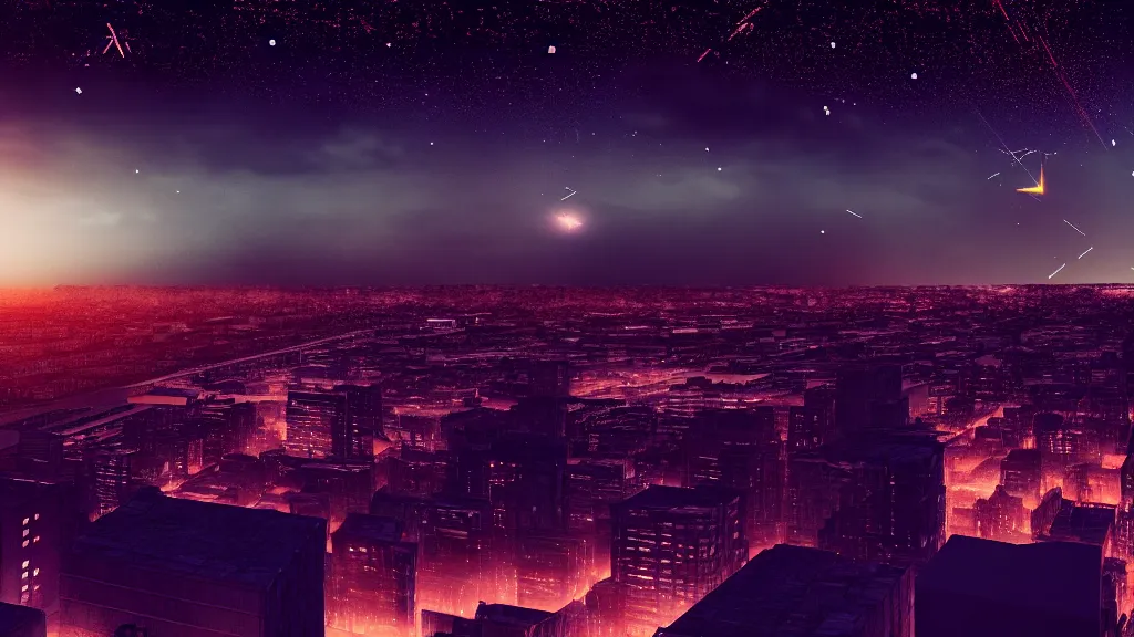 Prompt: view of a city from the top of a building at night, meteor falling, glowing stars, dramatic lighting, octane render