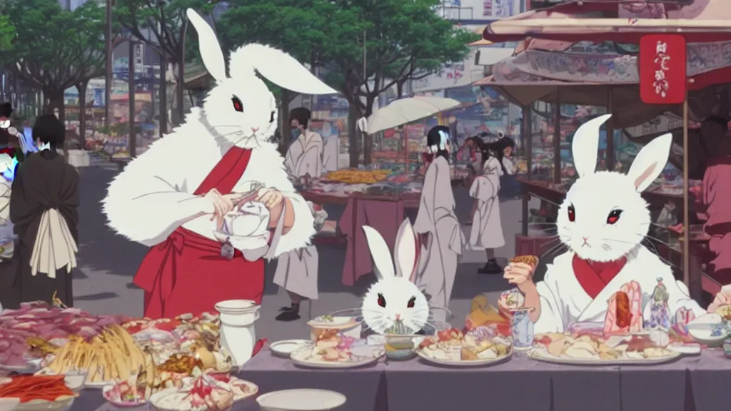 Prompt: a huge white rabbit wearing a geisha robe eating at the street market, anime film still from the an anime directed by Katsuhiro Otomo with art direction by Salvador Dalí, wide lens