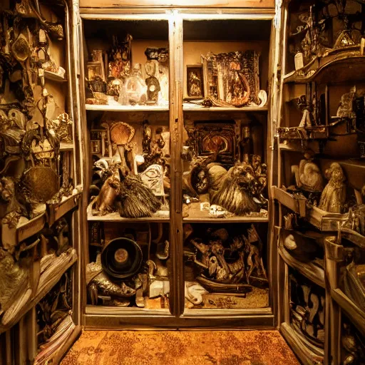 Image similar to cabinet of oddities and curiosities, esoteric, hd award cinematic photography, dramatic lighting