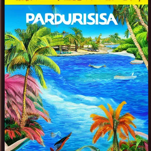 Prompt: photo of paradise Island frontpage paper magazine oil painting