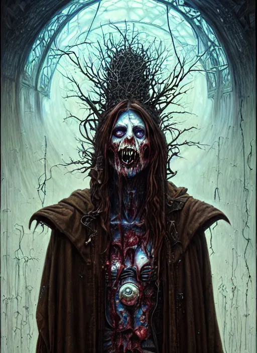 Prompt: portrait of a wizard zombie, hyper detailed masterpiece, dystopian background, jean giraud, digital art painting, darkwave goth aesthetic, lovecraftian, artgerm, donato giancola and tom bagshaw