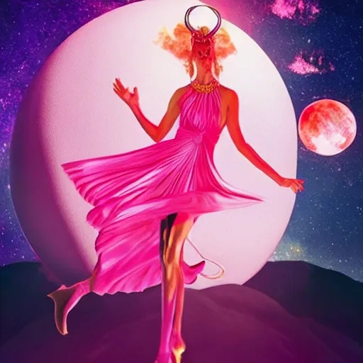 Prompt: a goddess wearing a flamingo fashion, sci - fi aesthetics, on fire, photoshop, colossal, creative and cool, giant, digital art, photo manipulation, planets, with earth, outer space, smoke