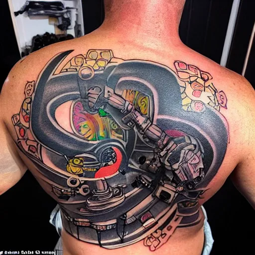 Image similar to backside on the shoulders is a tattoo of a hole in the skin with multicolored robotic mechanics and belts gears and motorparts inside under the skin, insanely integrate, 3 d