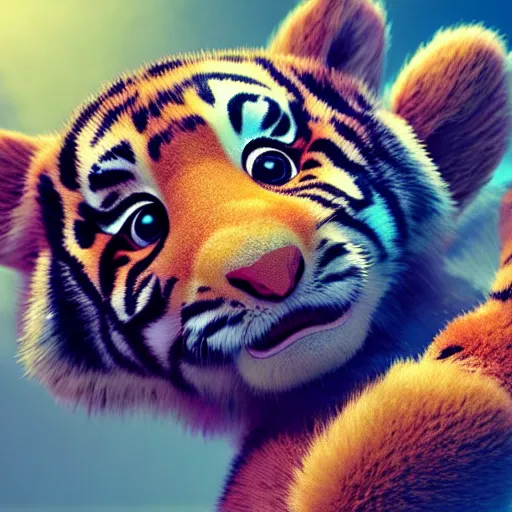 Prompt: a cute baby tiger cub, big eyes, soft fur texture, pastel colours, colorful, glitter crystals, cute, pixar animation style, detailed, soft light, octane render, 4 kb - w 6 4 0