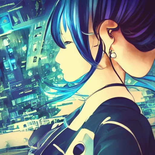 Image similar to Frequency indie album cover, luxury advertisement, blue filter, blue and black colors. Clean and detailed post-cyberpunk sci-fi close-up schoolgirl in asian city in style of cytus and deemo, blue flame, relaxing, calm and mysterious vibes, by Tsutomu Nihei, by Yoshitoshi ABe, by Ilya Kuvshinov, by Greg Tocchini, nier:automata, set in half-life 2, Matrix, GITS, Blade Runner, Neotokyo Source, Syndicate(2012), dynamic composition, beautiful with eerie vibes, very inspirational, very stylish, with gradients, surrealistic, dystopia, postapocalyptic vibes, depth of field, mist, rich cinematic atmosphere, perfect digital art, mystical journey in strange world, beautiful dramatic dark moody tones and studio lighting, shadows, bastion game, arthouse