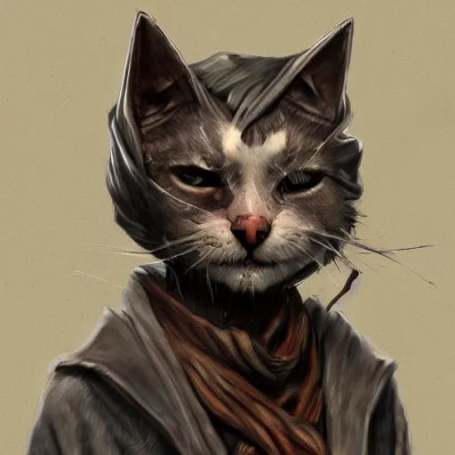 Prompt: dirty homeless humanoid cat wearing rags, concept art, d & d, fantasy, trending on artstation