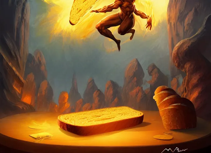 Image similar to loaves of bread bowing before a holy radiating piece of toast floating in the air, by marco bucci and frank frazetta, magic : the gathering fantasy concept art, high resolution, fantasy coloring, intricate, digital painting, artstation, smooth, sharp focus