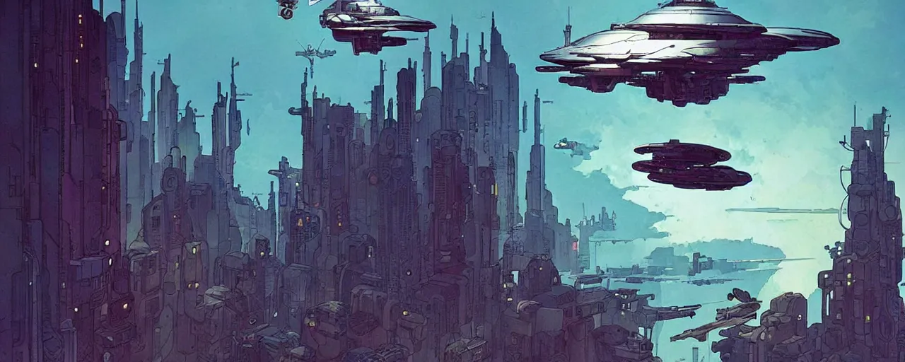 Image similar to a large whimsical spaceship floating above a cyberpunk city, by Mike Mignola, Robbie Trevino, ellen jewett, Yoji Shinkawa