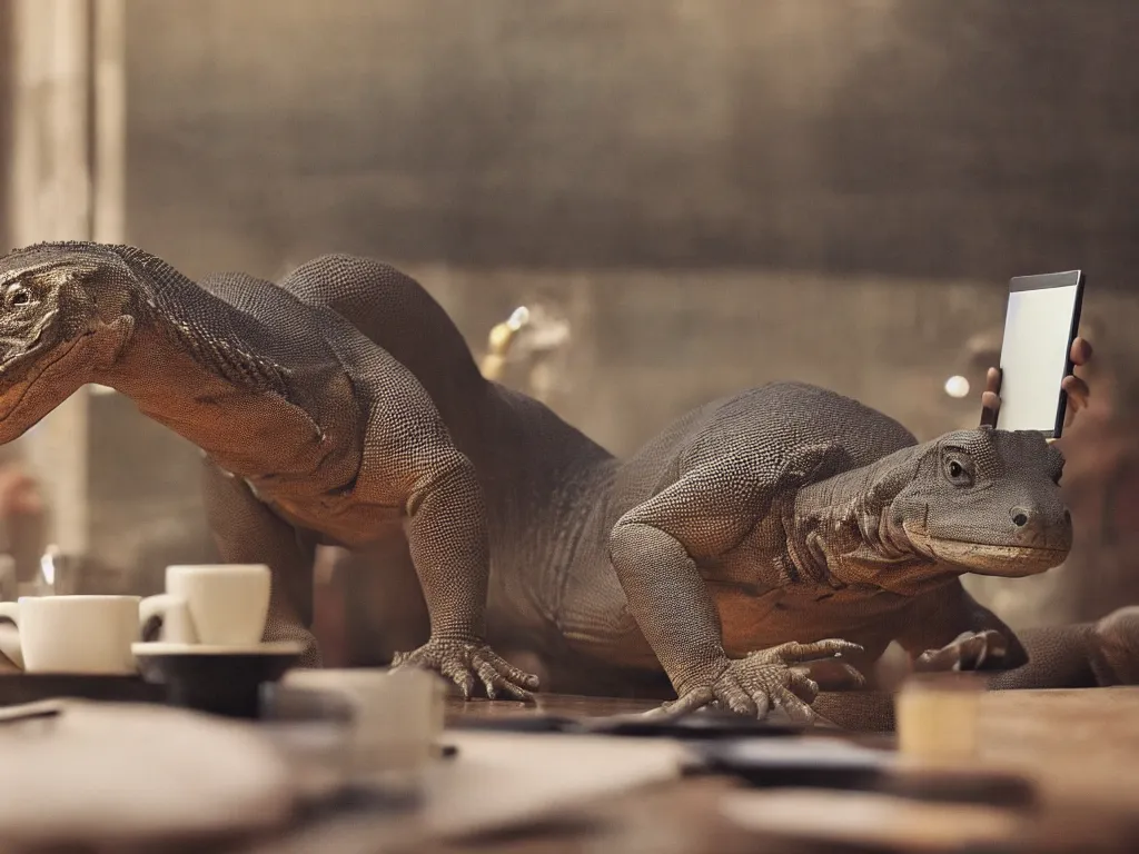 Image similar to photorealistic image of a humanoid komodo dragon sitting all alone in a cafe, drinking coffee while checking his messages on his ipad, ultra realisticepic digital art