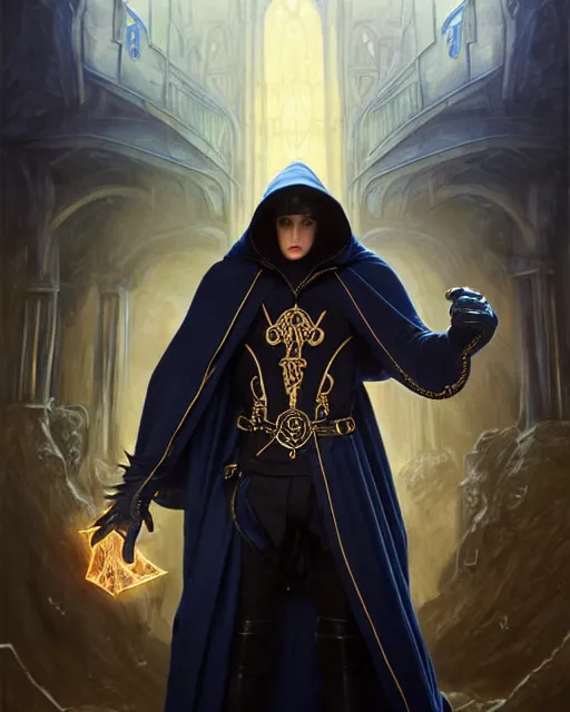 Image similar to handsome mage fighting a golem, long black hair blue eyes wearing leather mantle gothic navy cloak with gold details, castle town, fantasy character portrait, ultra realistic, intricate, elegant, cinematic lighting, highly detailed, digital painting, artstation, smooth, sharp, focus, illustration, art by artgerm and greg rutkowski and alphonse mucha