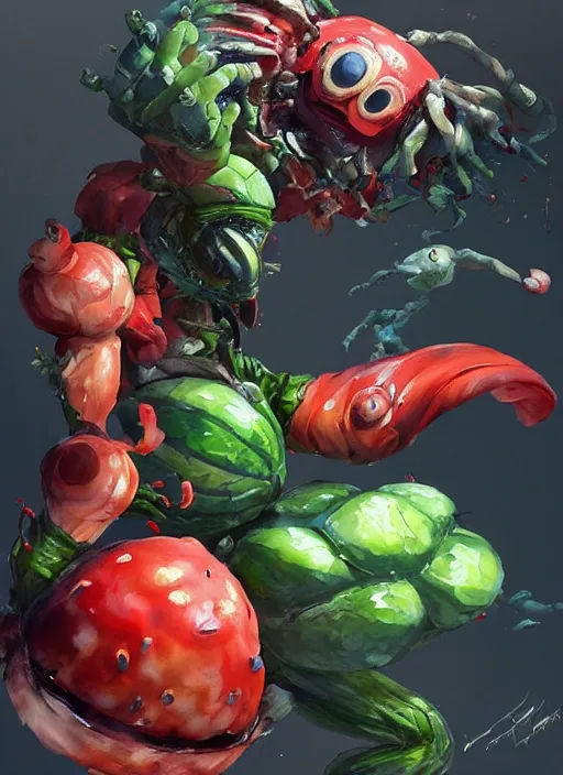 Prompt: semi reallistic gouache gesture painting, by yoshitaka amano, by ruan jia, by Conrad roset, by dofus online artists, detailed anime 3d render alien watermelon monster, watermelon alien terrible monster, antrophomorfic watermelon, portrait, cgsociety, artstation, rococo mechanical, Digital reality, sf5 ink style, dieselpunk atmosphere, gesture drawn