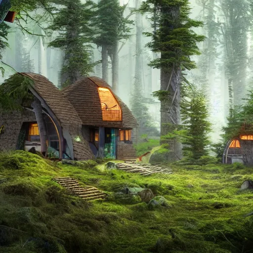 Image similar to futuristic cottage settlement in forest , ecological fururism, matte painting, high details, 8k