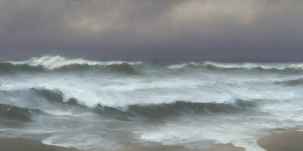 Image similar to storm, grey clouds, seagulls above a rough surf, jeremy lipking