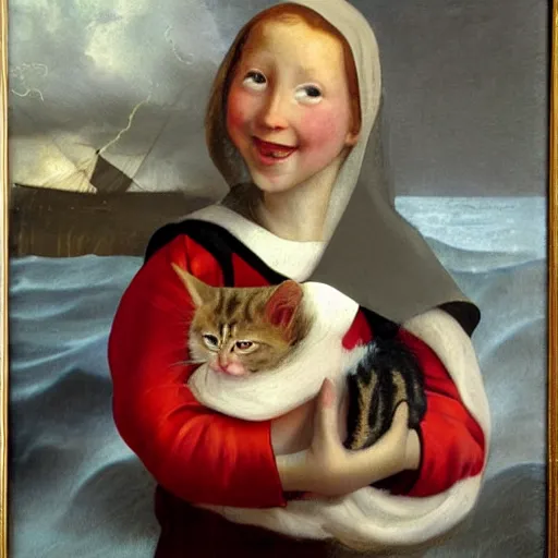 Prompt: oil painting of a young freckled redhead girl smiling and holding a scared kitten in a boat, in rough seas with large waves, dark clouds and lightning, depicted for a children\'s book, in the style of vermeer