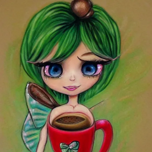 Prompt: chibi Tinkerbell in short green dress with tattered hem, thick heavy eye makeup, bare feet, hungover, coffee cup, lifelike detailed oil painting by Jasmine Becket