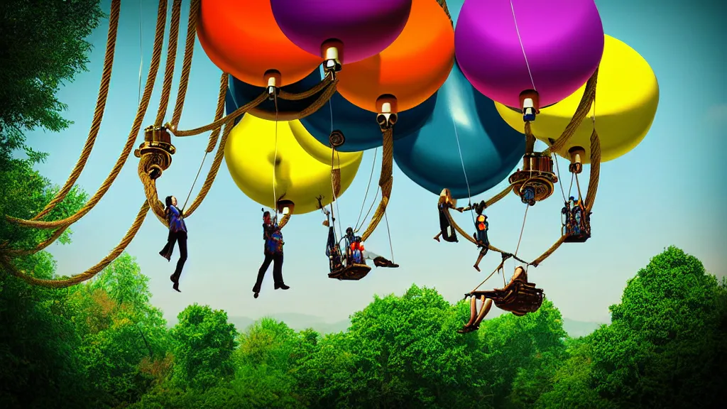 Prompt: large colorful futuristic space age steampunk balloons with people on rope swings underneath, flying high over the beautiful countryside landscape, professional photography, 8 0 mm telephoto lens, realistic, detailed, digital art, unreal engine