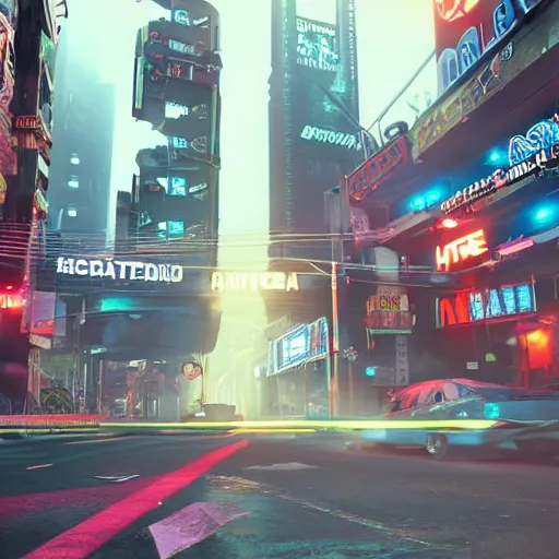 Image similar to a 3 d rendered in unreal engine guatemalan cyberpunk city with neon ads and signs with evocative dramatic mood with blade runner vibe with cars with motion blur with depth of field with bloom with lightshaft with volumetric lights, fog, by scott robertson, oscar winning graphics, photo realistic, bloom, imax, dynamic lighting, artstation,