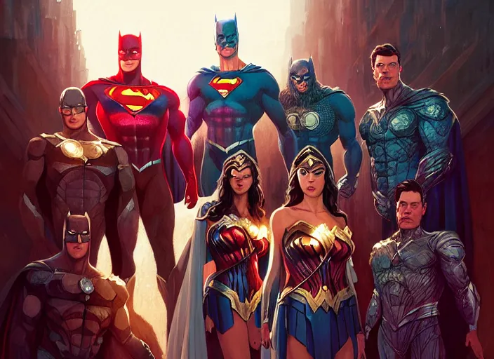 Image similar to highly detailed portrait of justice league, stephen bliss, unreal engine, art by greg rutkowski, loish, rhads, ferdinand knab, makoto shinkai and lois van baarle, ilya kuvshinov, rossdraws, tom bagshaw, global illumination, radiant light, detailed and intricate environment