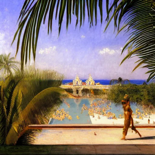 Image similar to a ultradetailed beautiful painting of the amazonas palace balustrade designed by jules bastien - lepage, hans belmer, frank weston and gustave baumann, beach, trending on artstation, mediterranean, palm trees, refracted color sparkles, sharp focus, soft light, 8 k 4 k