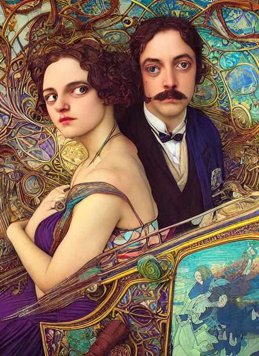 Prompt: detailed colourful masterpiece of art nouveau photography couple portrait sat down extreme closeup, love, inside an underwater train, detailed realistic expressions, wearing unusual clothes, by ford madox brown and william powell frith and moebius and kilian eng and frederic leighton and john william waterhouse and greg hildebrandt, ultra wide angle