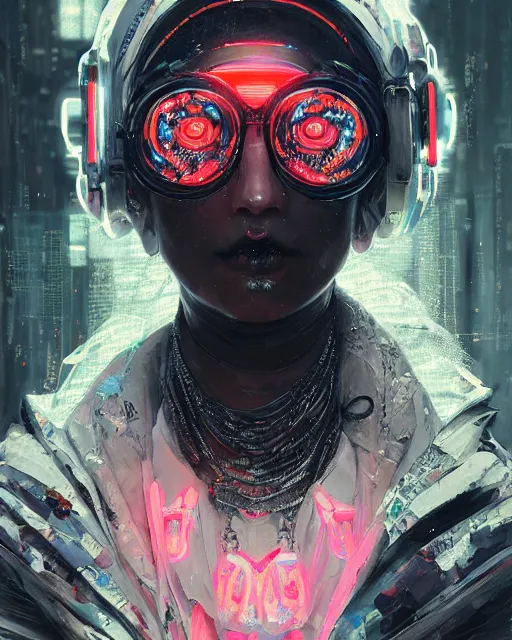 Prompt: detailed portrait witch, cyberpunk futuristic neon, reflective puffy coat, decorated with traditional Japanese ornaments by Ismail inceoglu dragan bibin hans thoma greg rutkowski Alexandros Pyromallis Nekro Rene Maritte Illustrated, Perfect face, fine details, realistic shaded, fine-face, pretty face