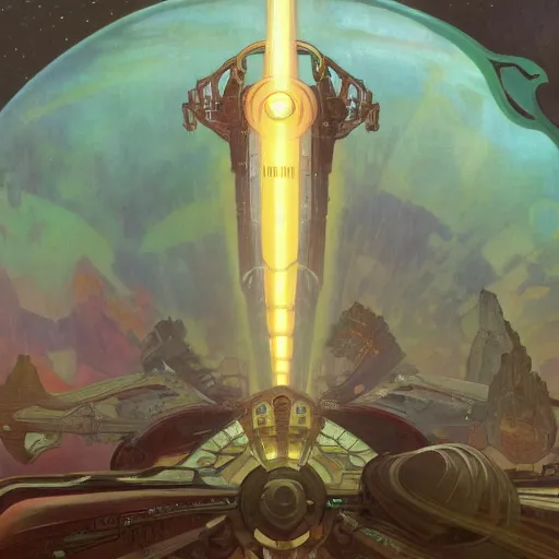 Image similar to oil painting of a colossal alien space station, art by Alphonse Mucha and Esther Wu, 8k, sci-fi, dark fantasy, year 4000, trending on artstation, smooth, sharp focus, digital painting, concept art, illustration