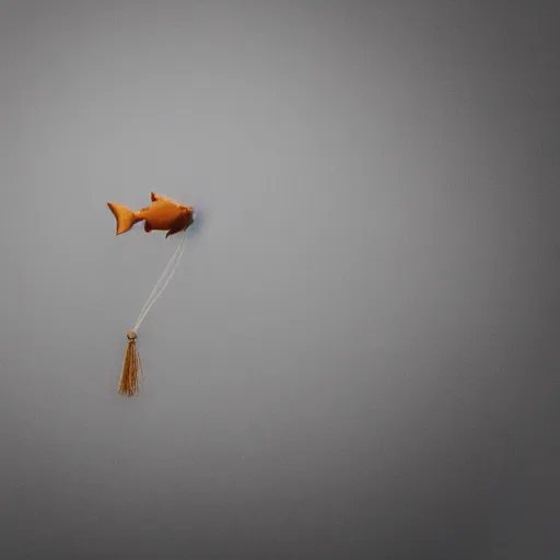 Image similar to a fish floating away from the sea tied to a ballon