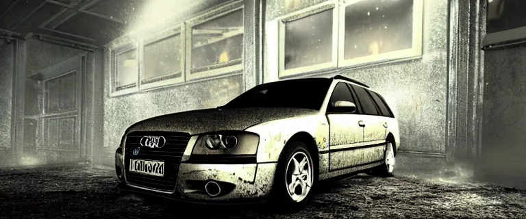 Image similar to Audi A4 B6 Avant (2002), a gritty neo-noir, dramatic lighting, cinematic, eerie person, death, homicide, homicide in the snow, viscera splattered, gunshots, bullet holes, establishing shot, extremely high detail, cracked windows, photorealistic, arson, makeshift grave, burial site, cinematic lighting, artstation, by simon stalenhag, Max Payne (PC) (2001) winter New York at night, In the style of Max Payne 1 graphic novel, flashing lights, Poets of the Fall - Late Goodbye