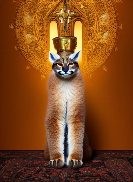 Image similar to cute fluffy anthropomorphic caracal as orthodox priest in golden clothes, caracal head, wearing vr, in orthodox icons at background, dynamic lighting, darkness, atmospheric, surrealistic, ambients, dramatic, blurry bokeh cinematic, depth of field, 8 0 mm f 1. 8, by bussiere rutkowski andreas rocha