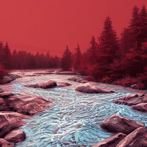 Image similar to dead river, red color, highly detailed, 8 k, artstation, beutifull, masterpiece,