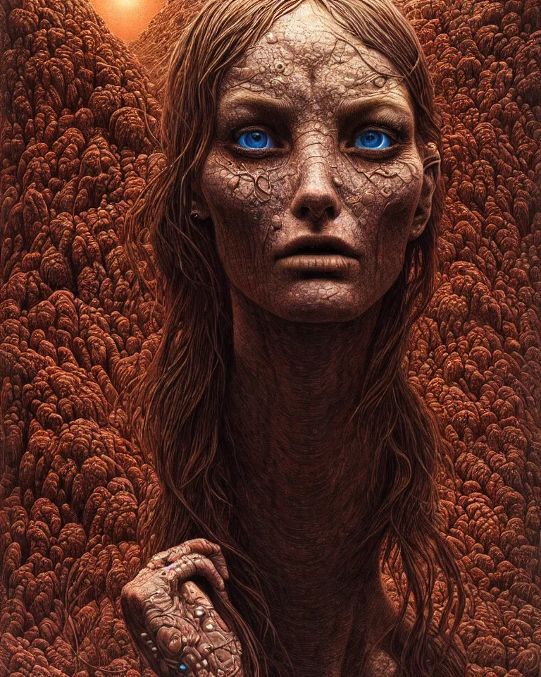 Prompt: ultra realist intricate detailed portrait of a single rugged attractive female on an alien landscape, insanity, accurate features, apocalyptic, very intricate details, 8 k resolution, dim lighting, volumetric lighting, artstyle zdzisław beksinski and keith thompson, award winning