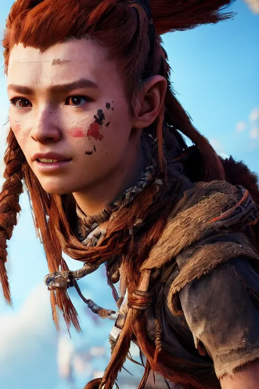 Image similar to a beautiful portrait photo of Aloy from Horizon Zero Dawn, cinematic masterpiece