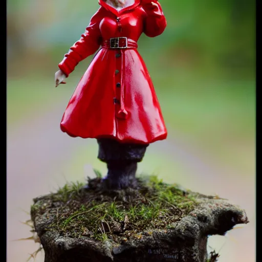 Image similar to 80mm resin model figure female gnome wearing long red coat ,fantasy, D&D, HDR, , natural light, medium close shot, dynamic pose, award winning photograph, Mucha style