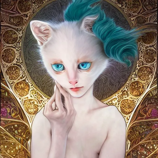 Prompt: a photograpic portrait of a anthropomorphic kitten wearing white clothes, iridescent colors, fantasy, intricate, elegant, highly detailed, digital painting, artstation, concept art, smooth, sharp focus, illustration, art by artgerm and H R Giger and alphonse mucha