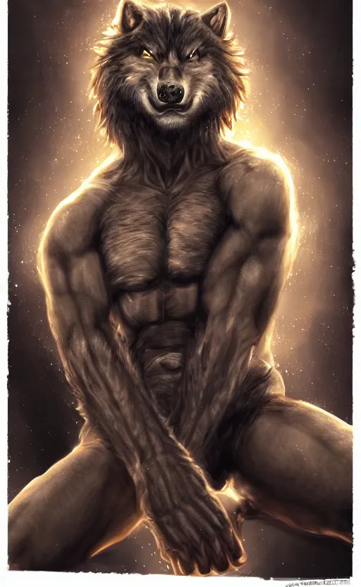 Prompt: Portrait of a rugged werewolf sitting down, male, muscular, space clothing!!!!!, highly detailed, cinematic lighting, digital art